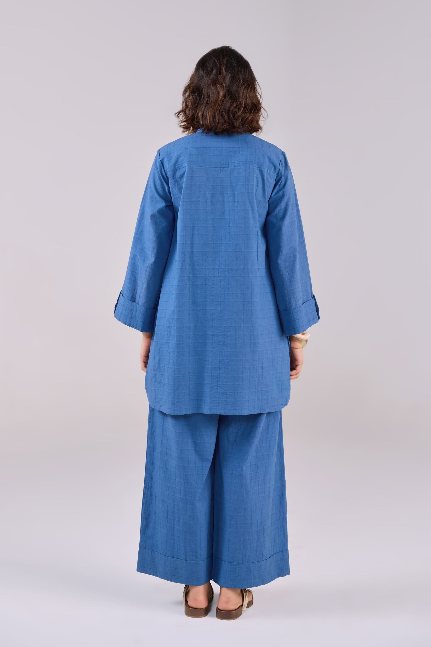 Denim Blue Checks Shirt Pleated Cotton Co-ord Set
