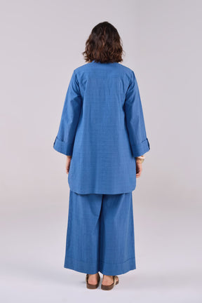 Denim Blue Checks Shirt Pleated Cotton Co-ord Set