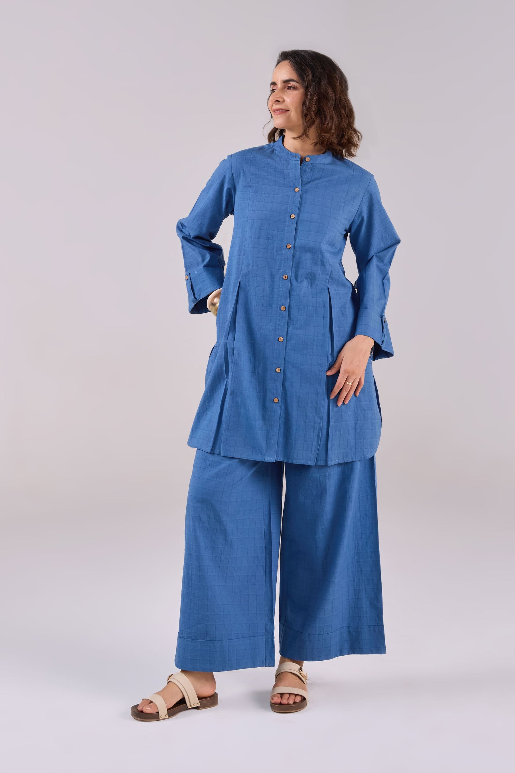Denim Blue Checks Shirt Pleated Cotton Co-ord Set