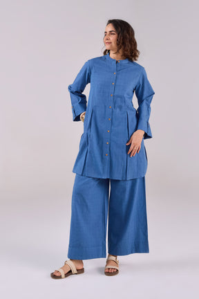 Denim Blue Checks Shirt Pleated Cotton Co-ord Set