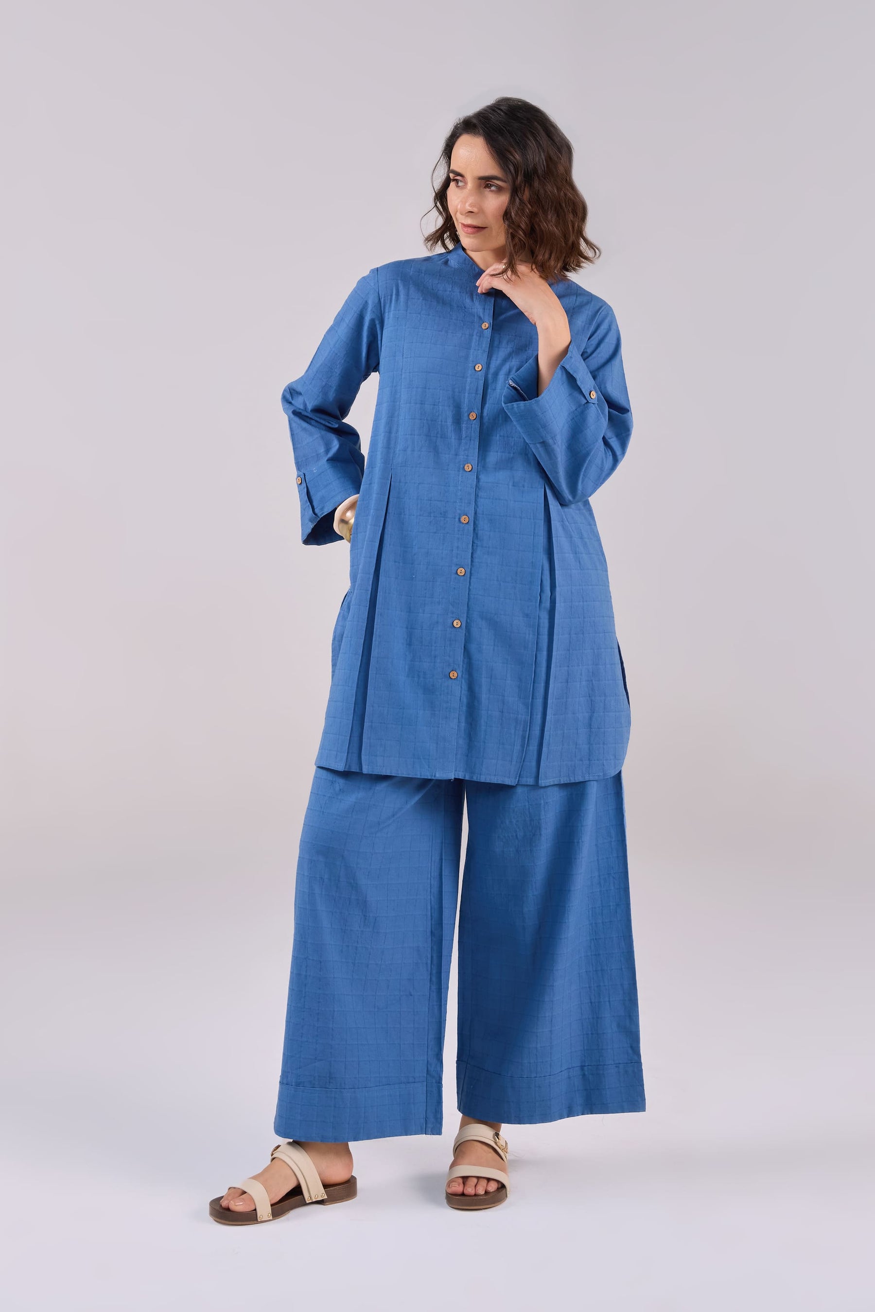 Denim Blue Checks Shirt Pleated Cotton Co-ord Set