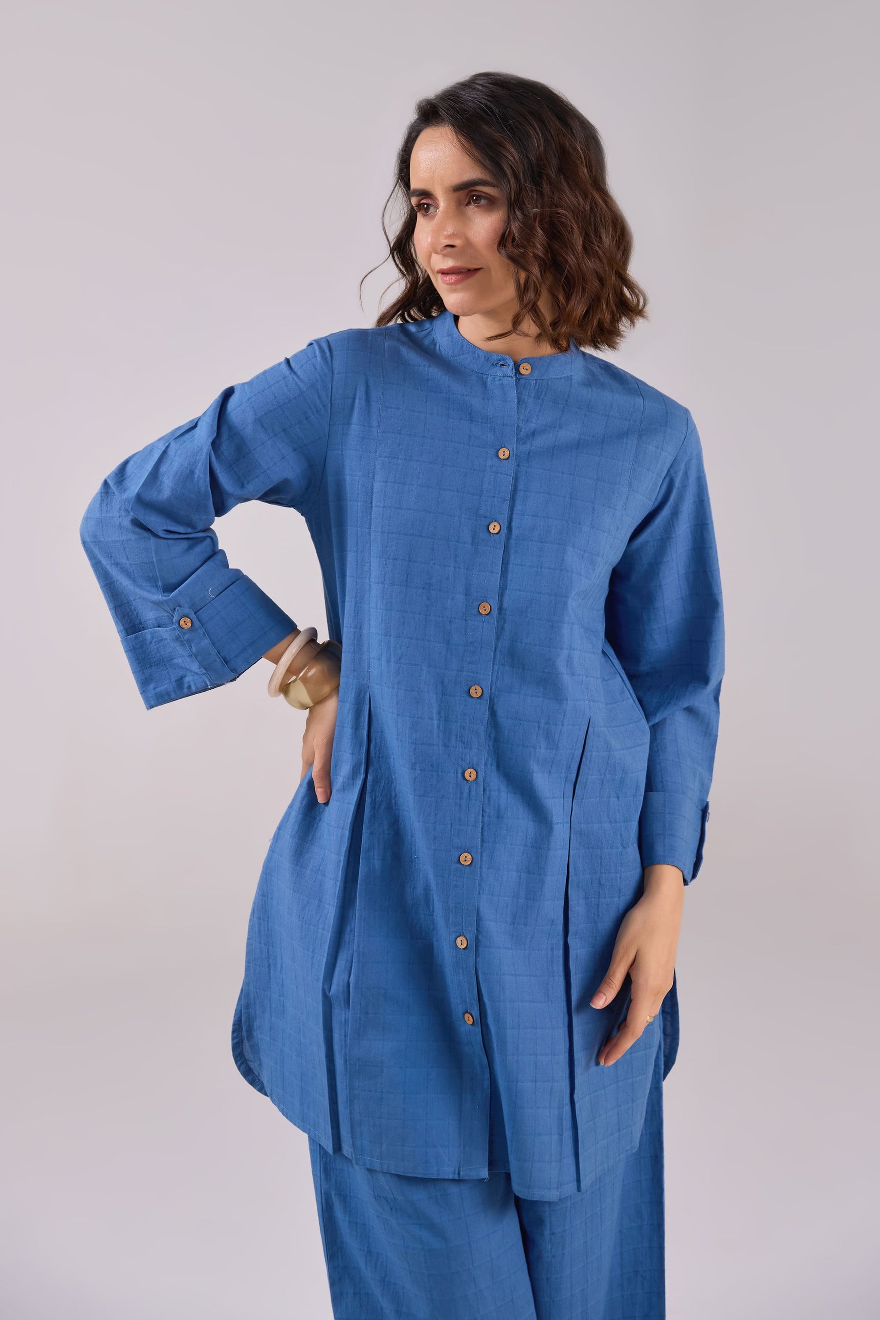 Denim Blue Checks Shirt Pleated Cotton Co-ord Set