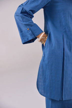 Denim Blue Checks Shirt Pleated Cotton Co-ord Set
