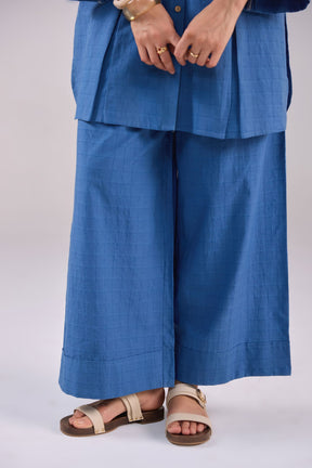 Denim Blue Checks Shirt Pleated Cotton Co-ord Set