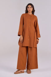 Rust Brown Checks Shirt Pleated Cotton Co-ord Set
