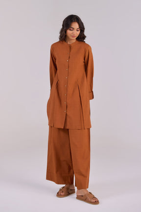 Rust Brown Checks Shirt Pleated Cotton Co-ord Set