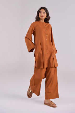 Rust Brown Checks Shirt Pleated Cotton Co-ord Set