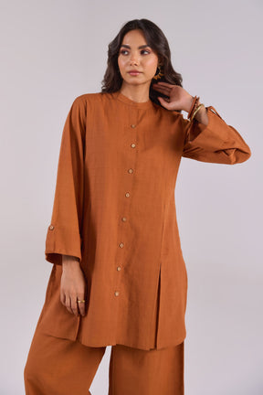 Rust Brown Checks Shirt Pleated Cotton Co-ord Set