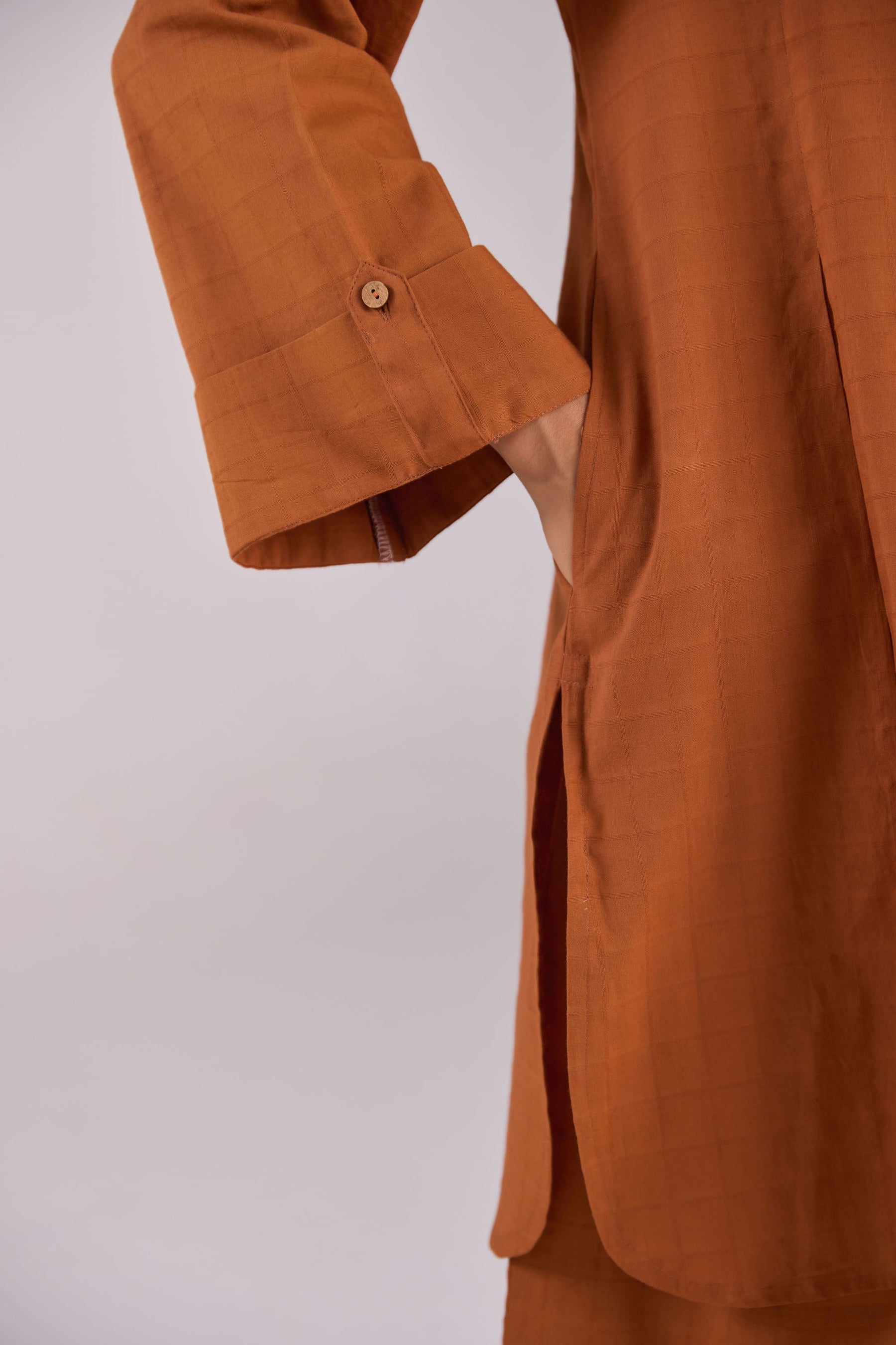 Rust Brown Checks Shirt Pleated Cotton Co-ord Set
