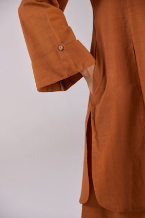 Rust Brown Checks Shirt Pleated Cotton Co-ord Set