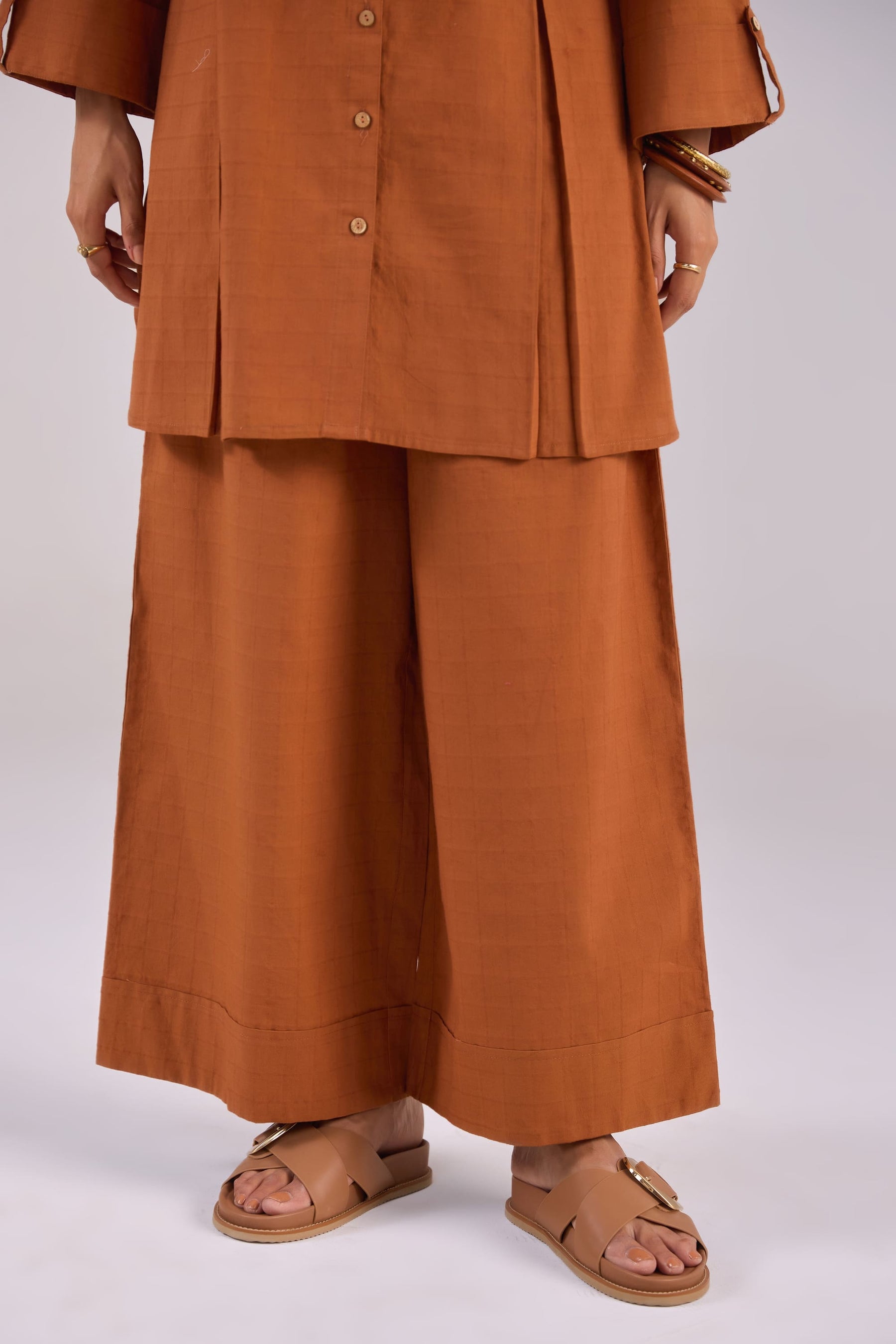 Rust Brown Checks Shirt Pleated Cotton Co-ord Set