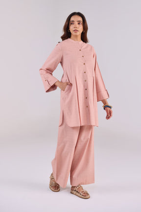 Soft Blush Pink Checks Shirt Pleated Cotton Co-ord Set