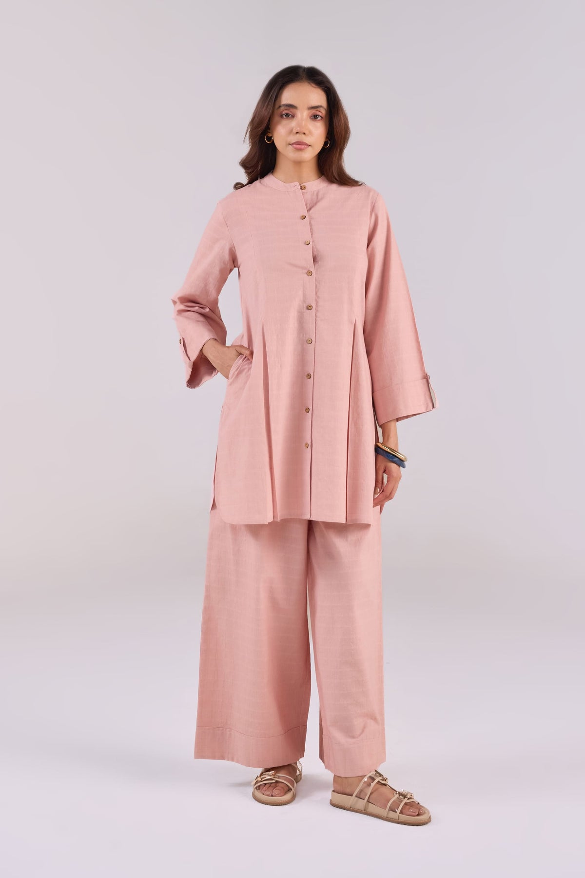 Soft Blush Pink Checks Shirt Pleated Cotton Co-ord Set