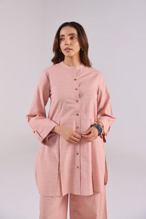 Soft Blush Pink Checks Shirt Pleated Cotton Co-ord Set