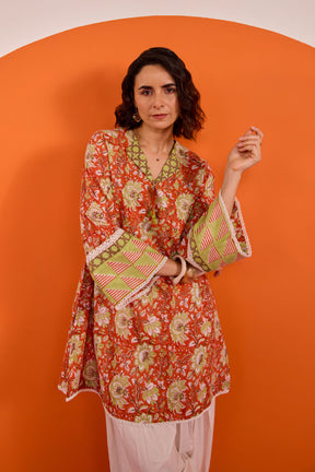 Rust Orange Floral Hand Block Printed Co-ord Set