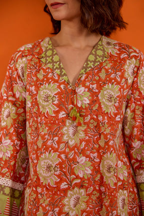 Rust Orange Floral Hand Block Printed Co-ord Set