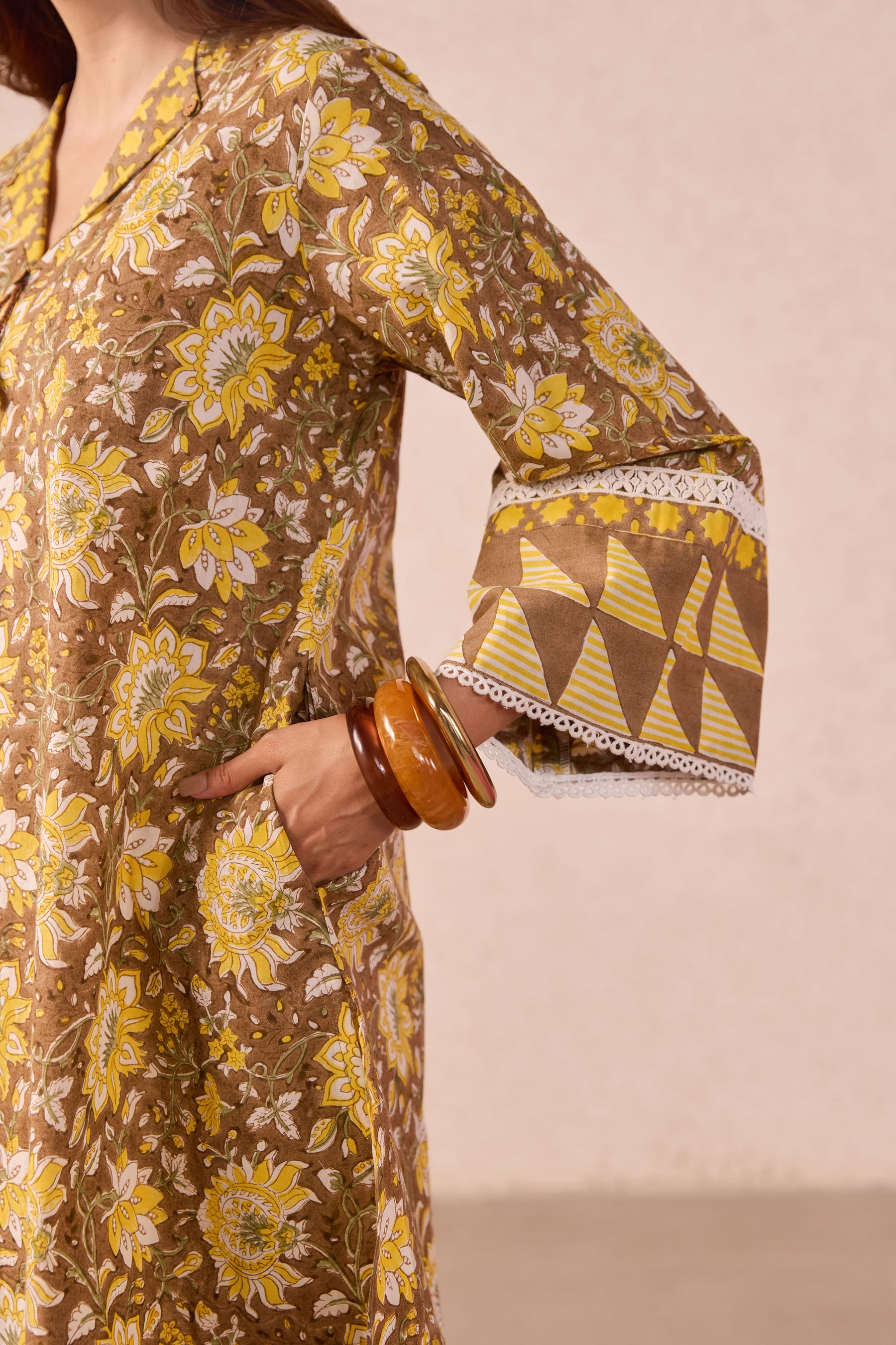 Olive Brown Floral Hand Block Printed Co-ord Set