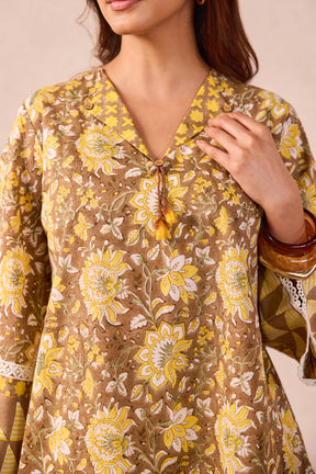 Olive Brown Floral Hand Block Printed Co-ord Set