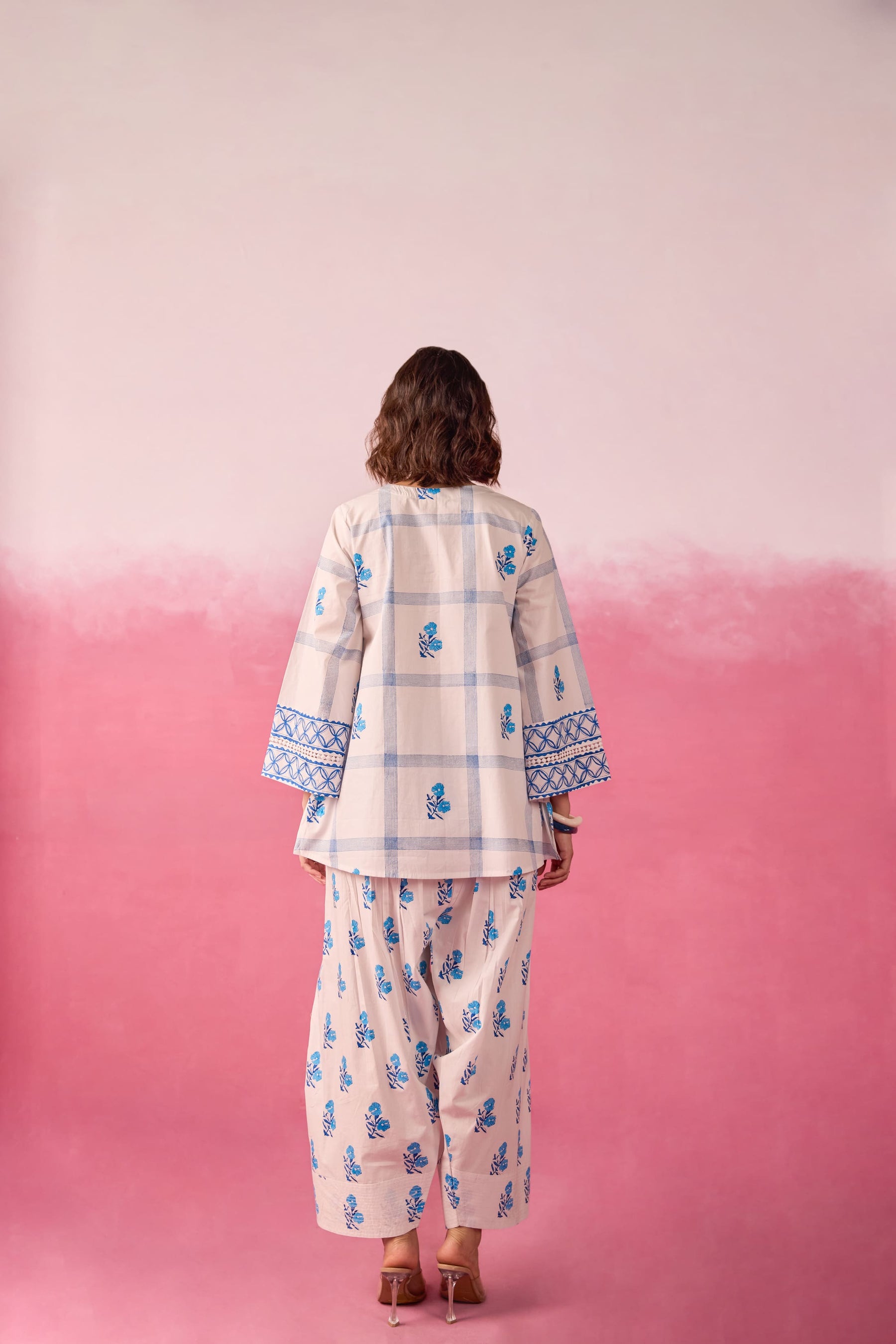 White & Blue Check Floral Hand Block Printed Co-ord Set