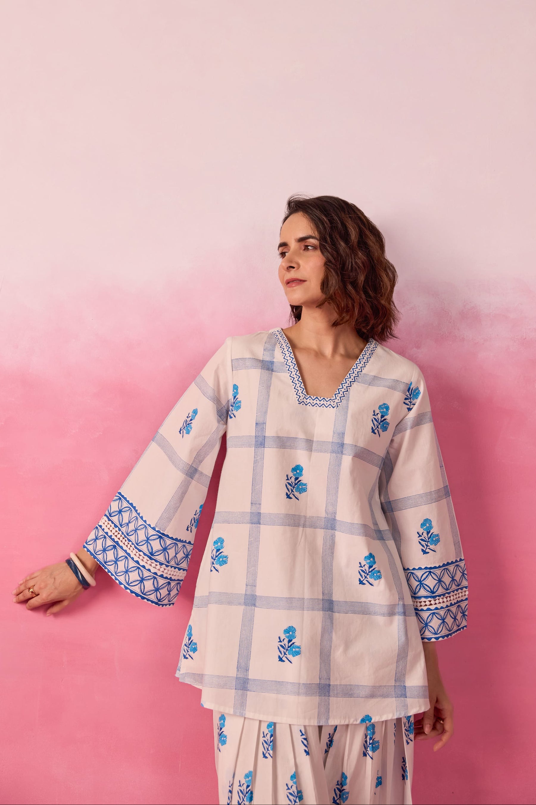 White & Blue Check Floral Hand Block Printed Co-ord Set