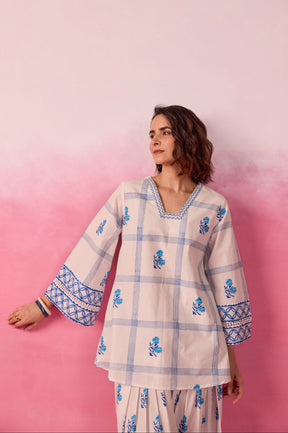 White & Blue Check Floral Hand Block Printed Co-ord Set