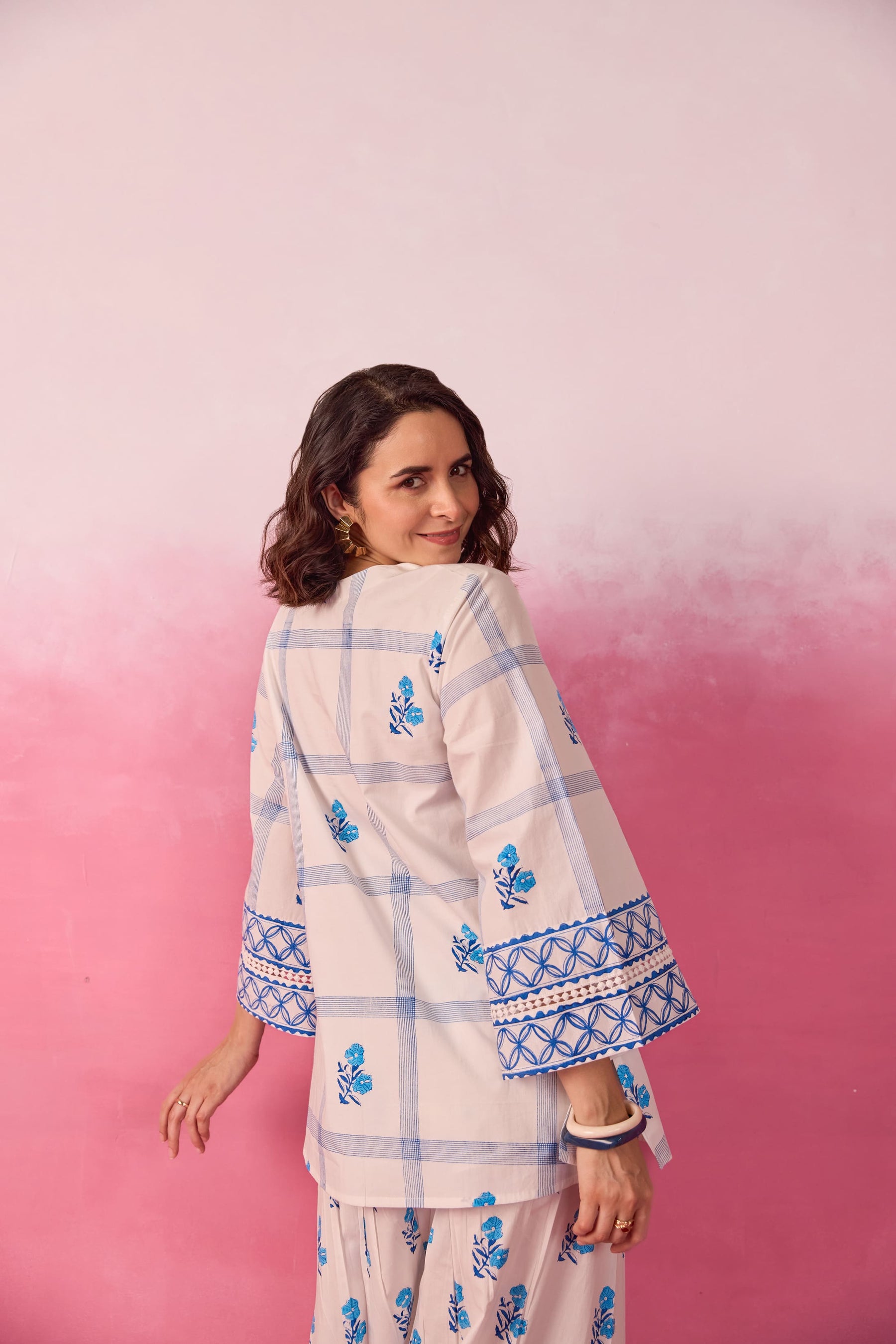 White & Blue Check Floral Hand Block Printed Co-ord Set