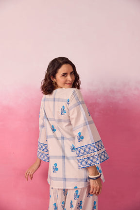 White & Blue Check Floral Hand Block Printed Co-ord Set