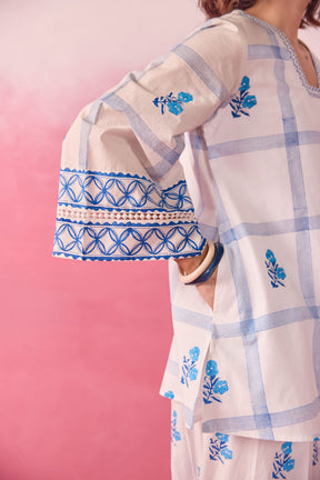 White & Blue Check Floral Hand Block Printed Co-ord Set