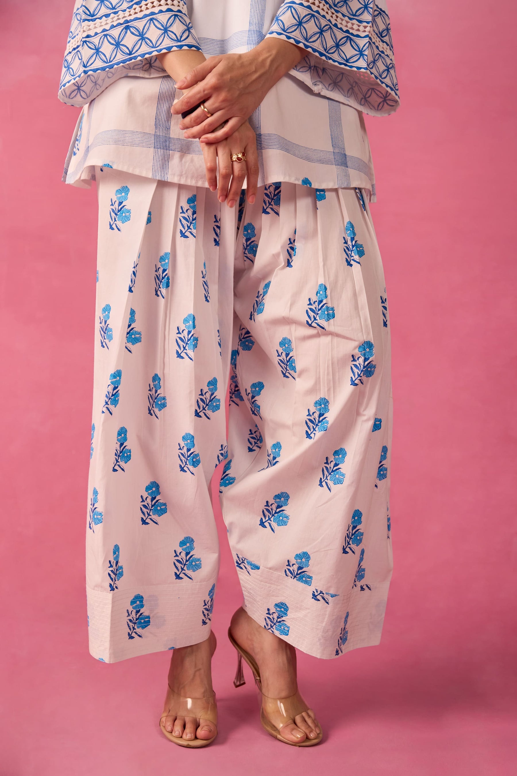 White & Blue Check Floral Hand Block Printed Co-ord Set