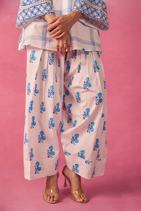 White & Blue Check Floral Hand Block Printed Co-ord Set