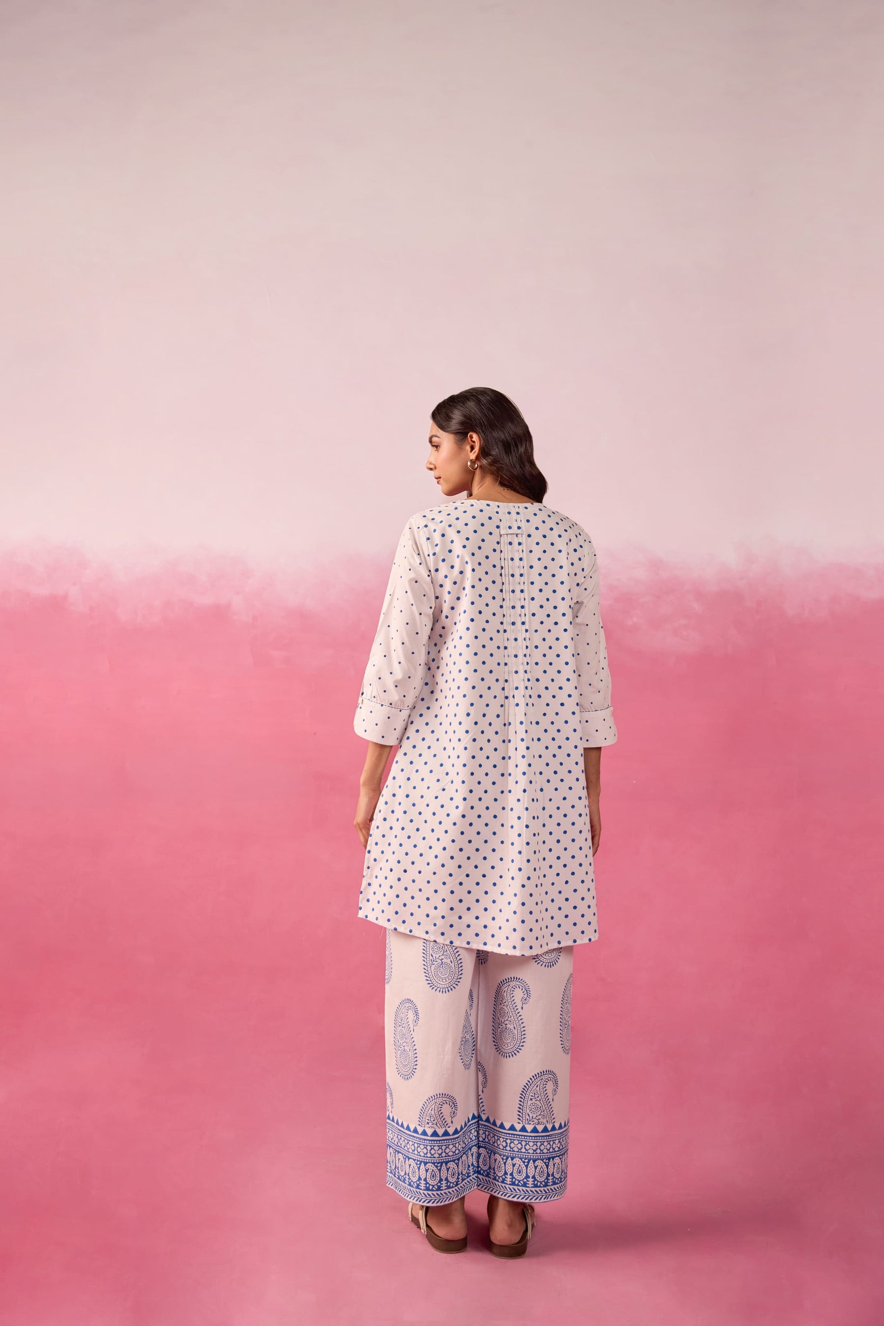 White & Blue Polka Dot & Paisley Hand Block Printed Co-ord Set