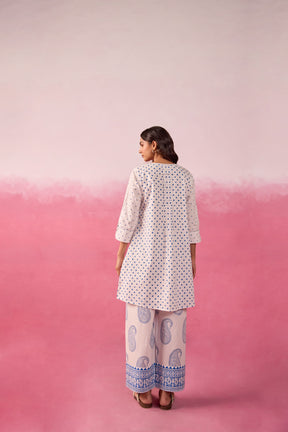 White & Blue Polka Dot & Paisley Hand Block Printed Co-ord Set