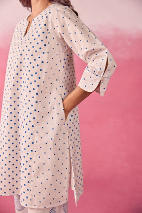 White & Blue Polka Dot & Paisley Hand Block Printed Co-ord Set
