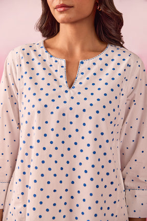 White & Blue Polka Dot & Paisley Hand Block Printed Co-ord Set