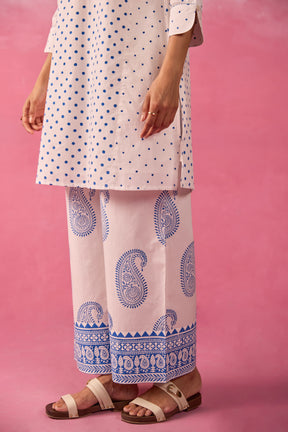 White & Blue Polka Dot & Paisley Hand Block Printed Co-ord Set