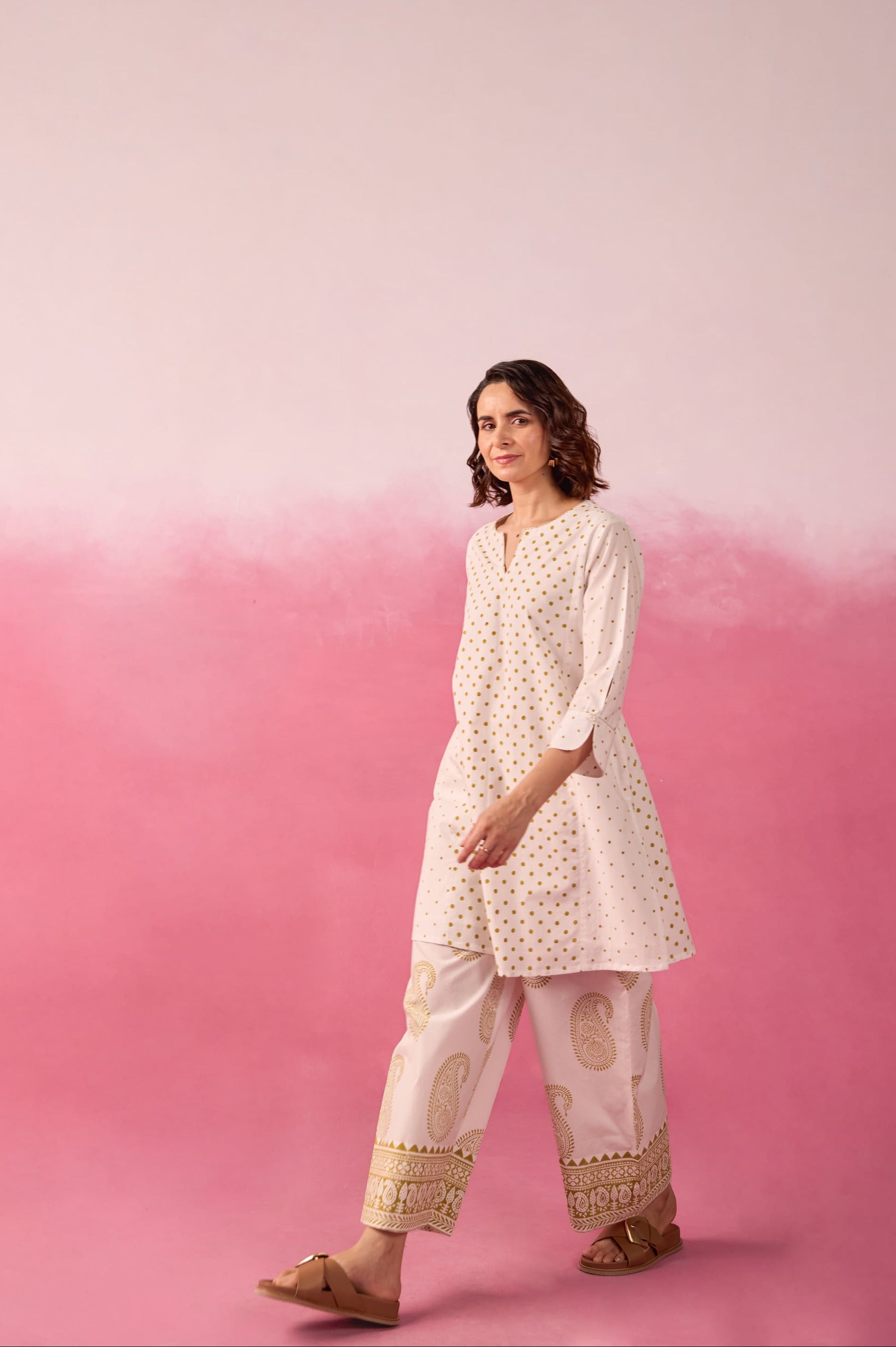 White & Gold Polka Dot & Paisley Hand Block Printed Co-ord Set