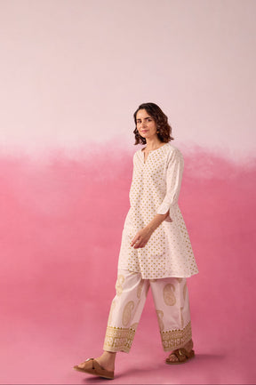 White & Gold Polka Dot & Paisley Hand Block Printed Co-ord Set