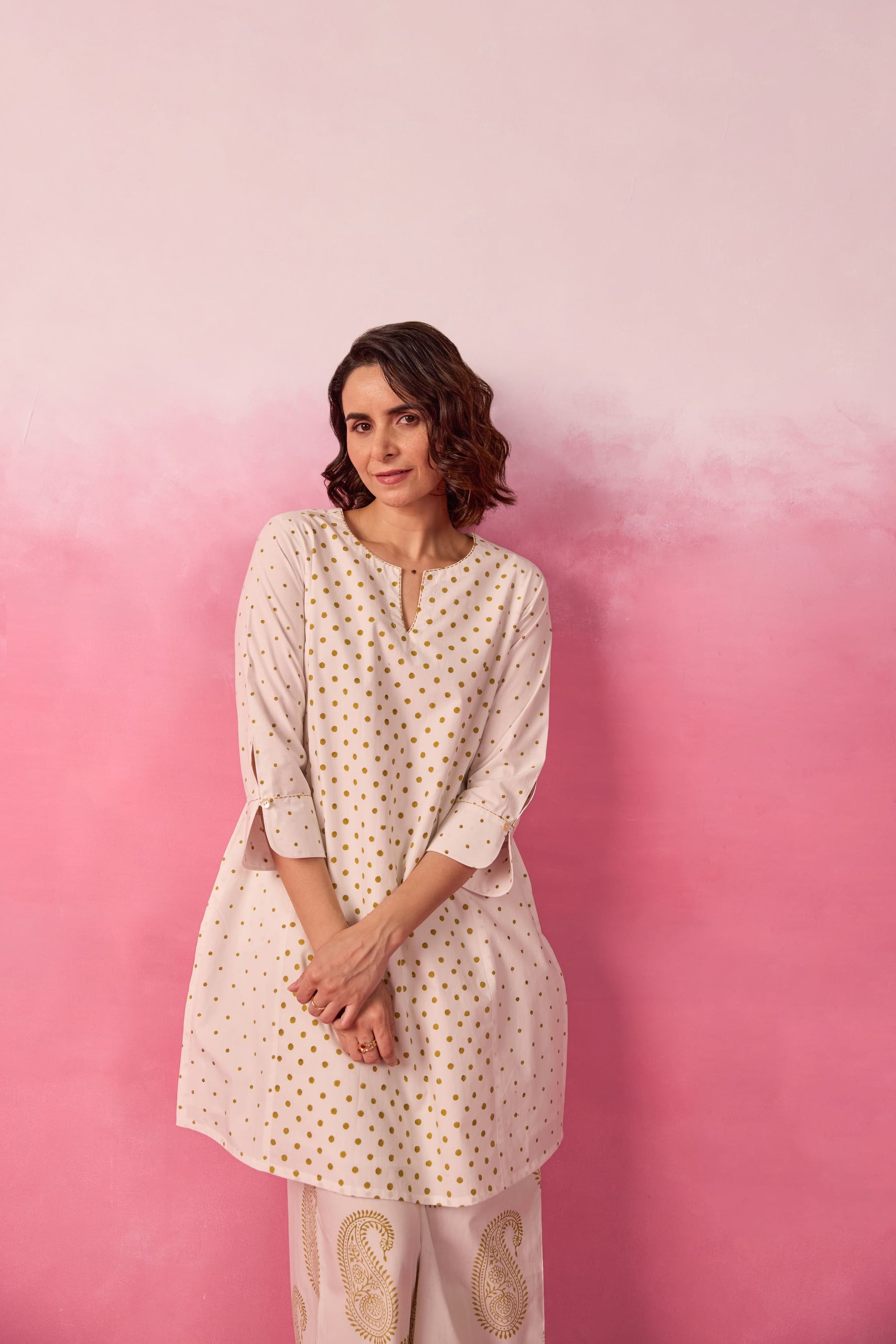 White & Gold Polka Dot & Paisley Hand Block Printed Co-ord Set