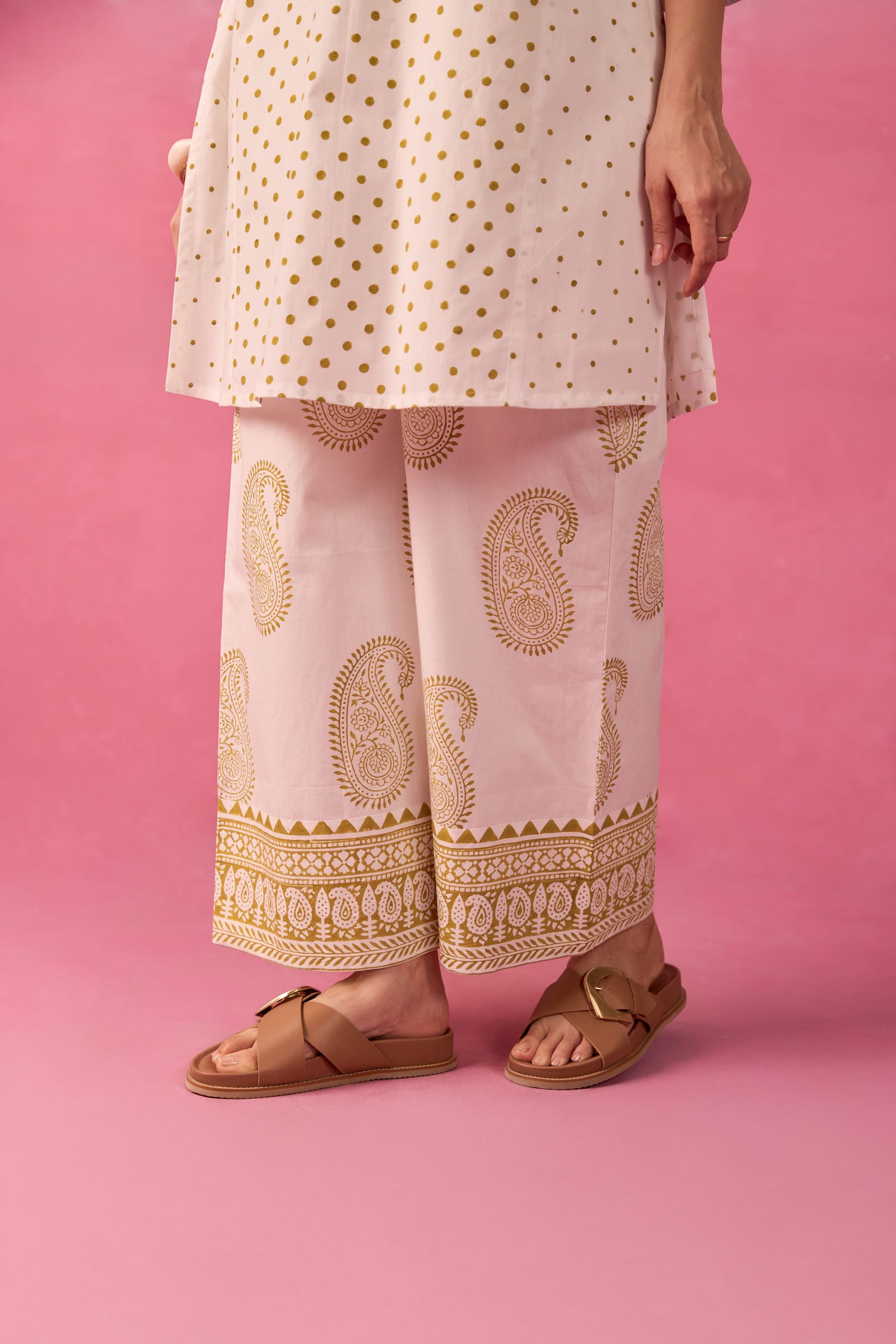 White & Gold Polka Dot & Paisley Hand Block Printed Co-ord Set
