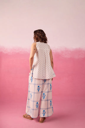 Blue Polka Dot & Floral Check Sleeveless Hand Block Printed Co-ord Set