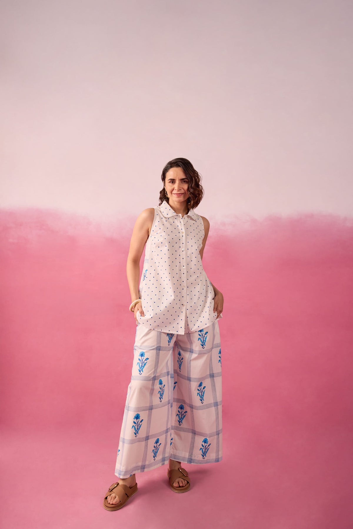 Blue Polka Dot & Floral Check Sleeveless Hand Block Printed Co-ord Set