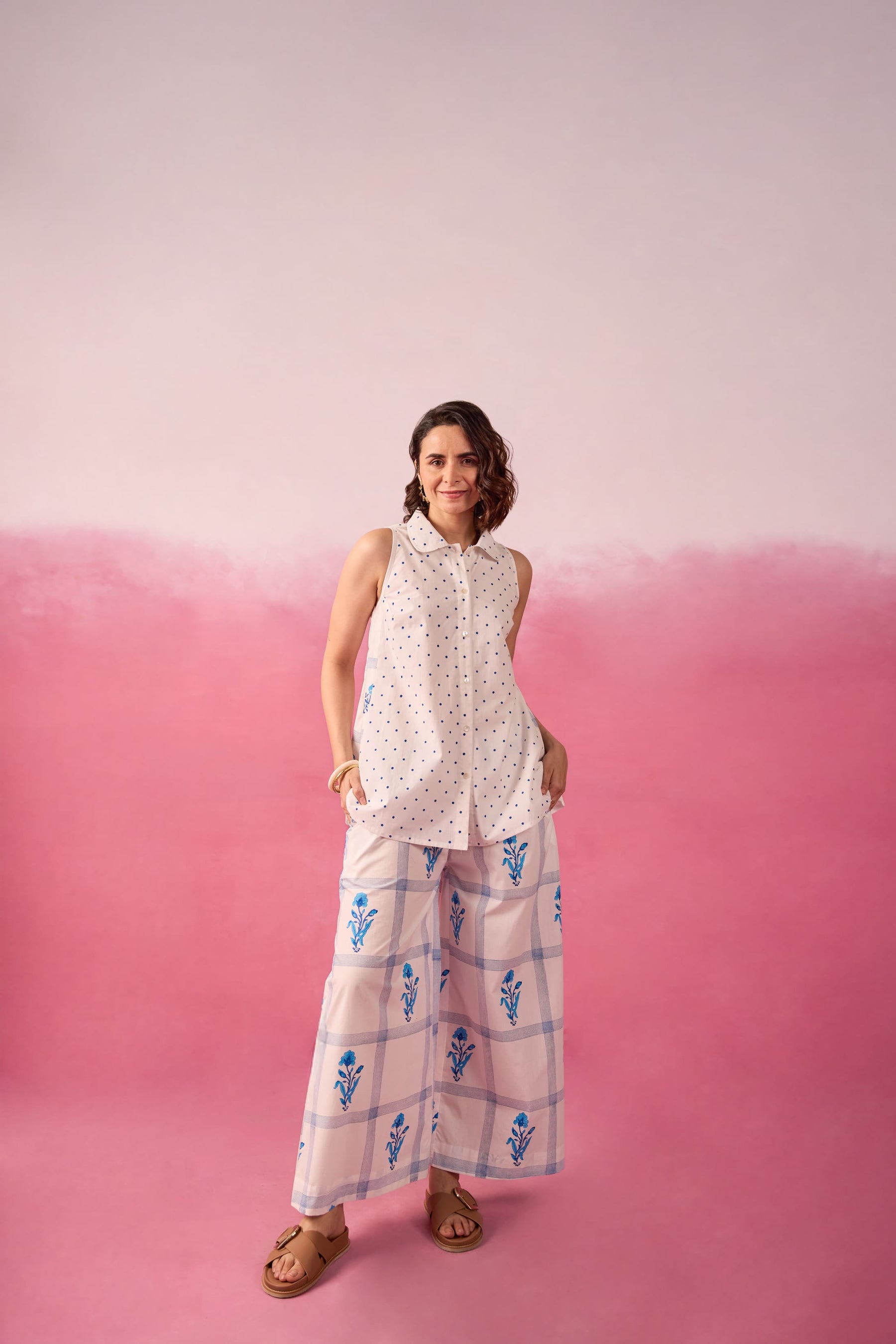 Blue Polka Dot & Floral Check Sleeveless Hand Block Printed Co-ord Set