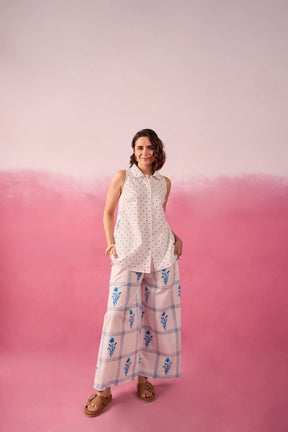 Blue Polka Dot & Floral Check Sleeveless Hand Block Printed Co-ord Set