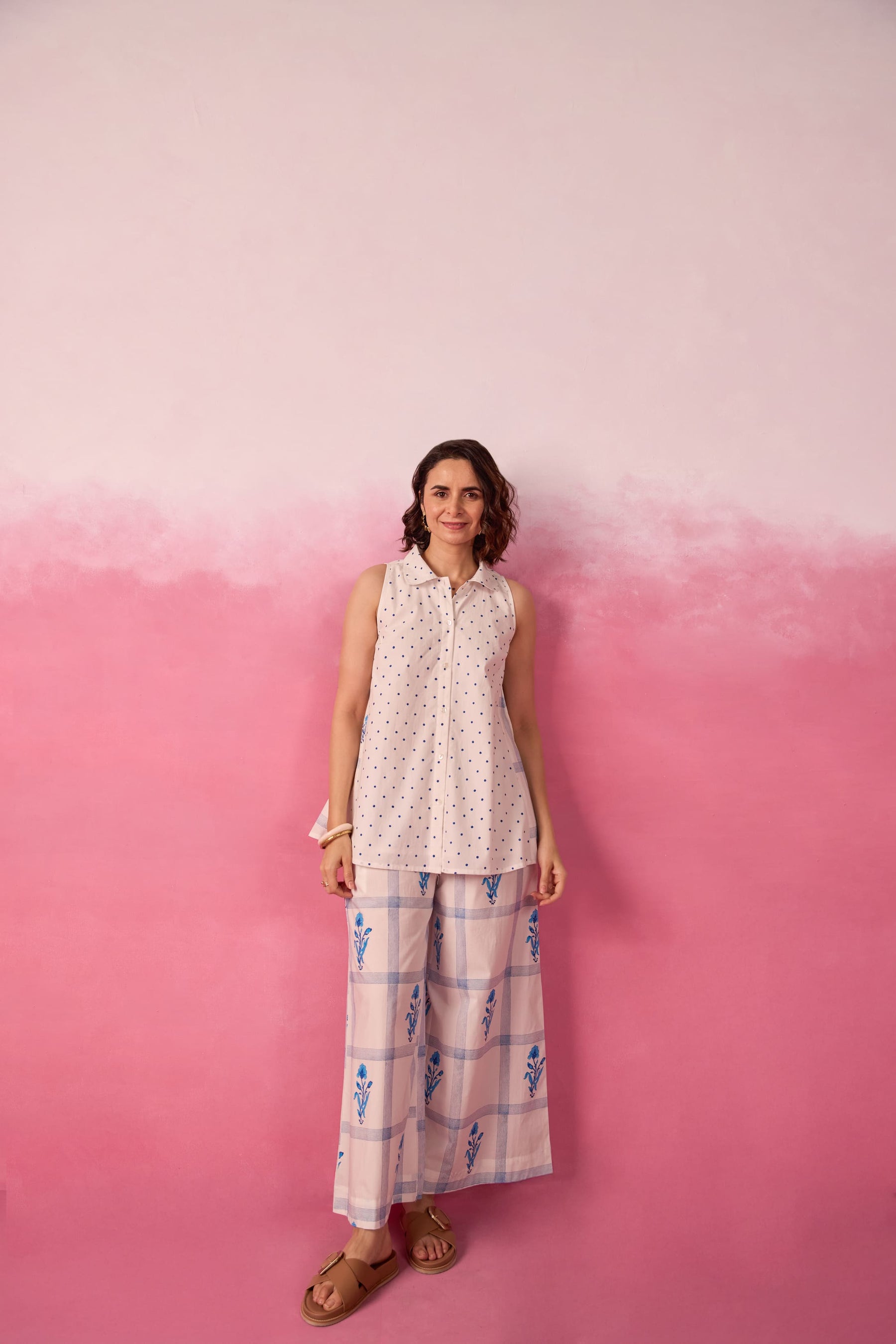 Blue Polka Dot & Floral Check Sleeveless Hand Block Printed Co-ord Set