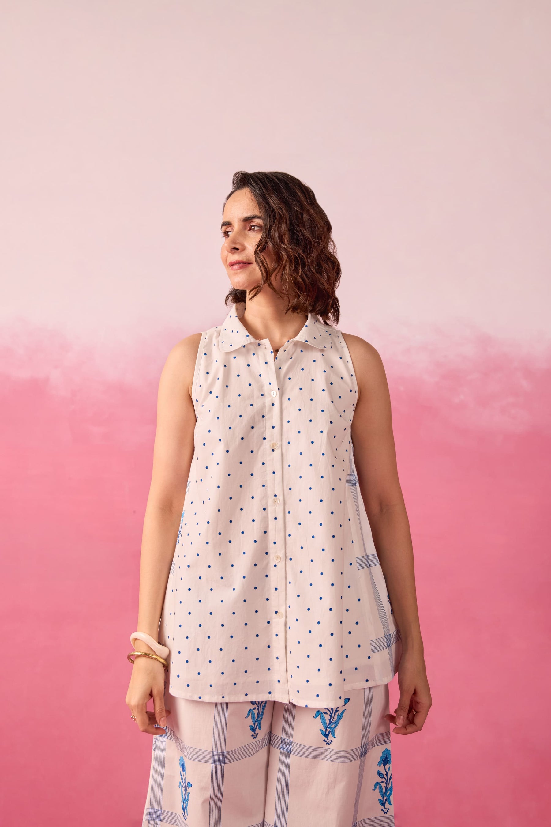 Blue Polka Dot & Floral Check Sleeveless Hand Block Printed Co-ord Set