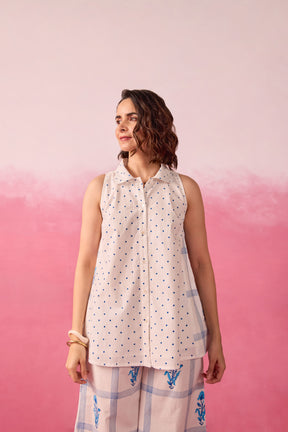Blue Polka Dot & Floral Check Sleeveless Hand Block Printed Co-ord Set