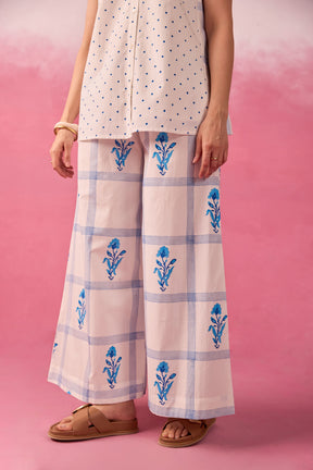 Blue Polka Dot & Floral Check Sleeveless Hand Block Printed Co-ord Set