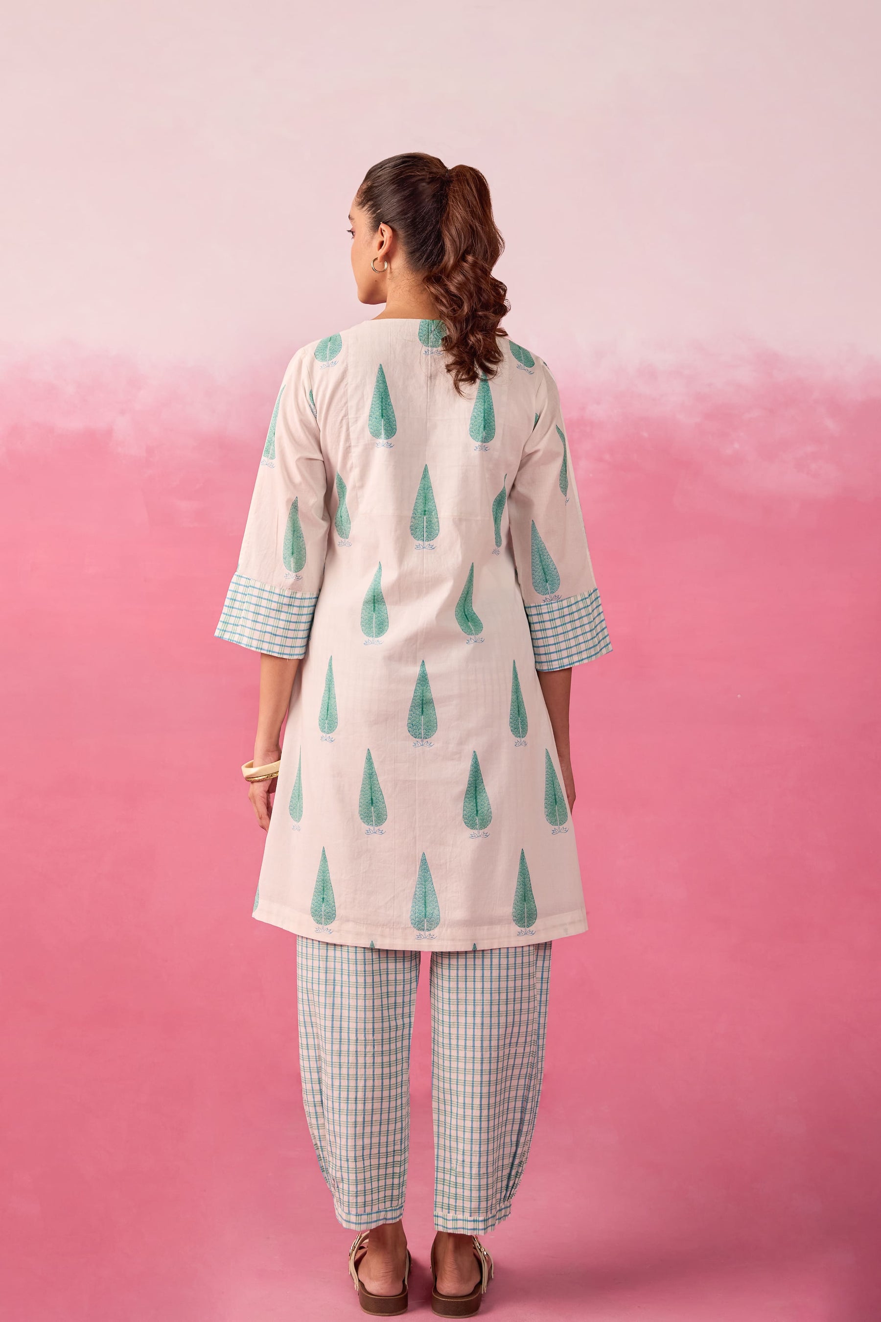Mint Leaf & Check Hand Block Printed Co-ord Set