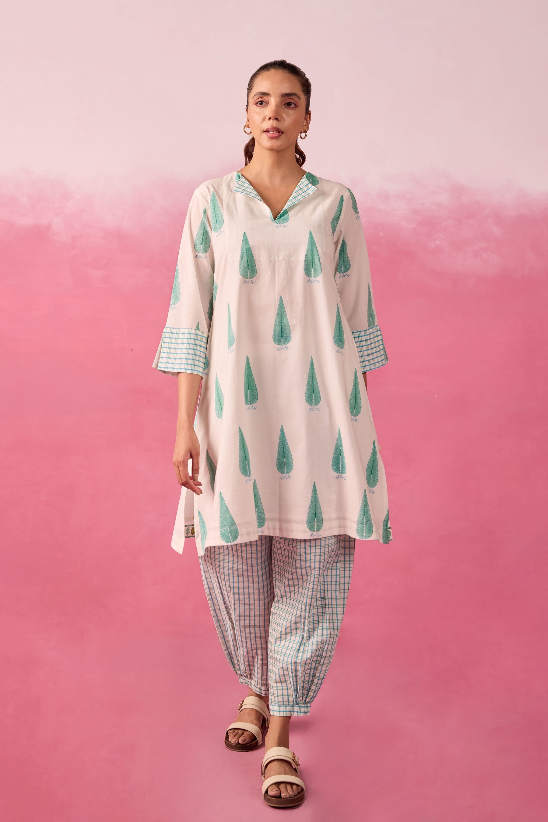 Mint Leaf & Check Hand Block Printed Co-ord Set