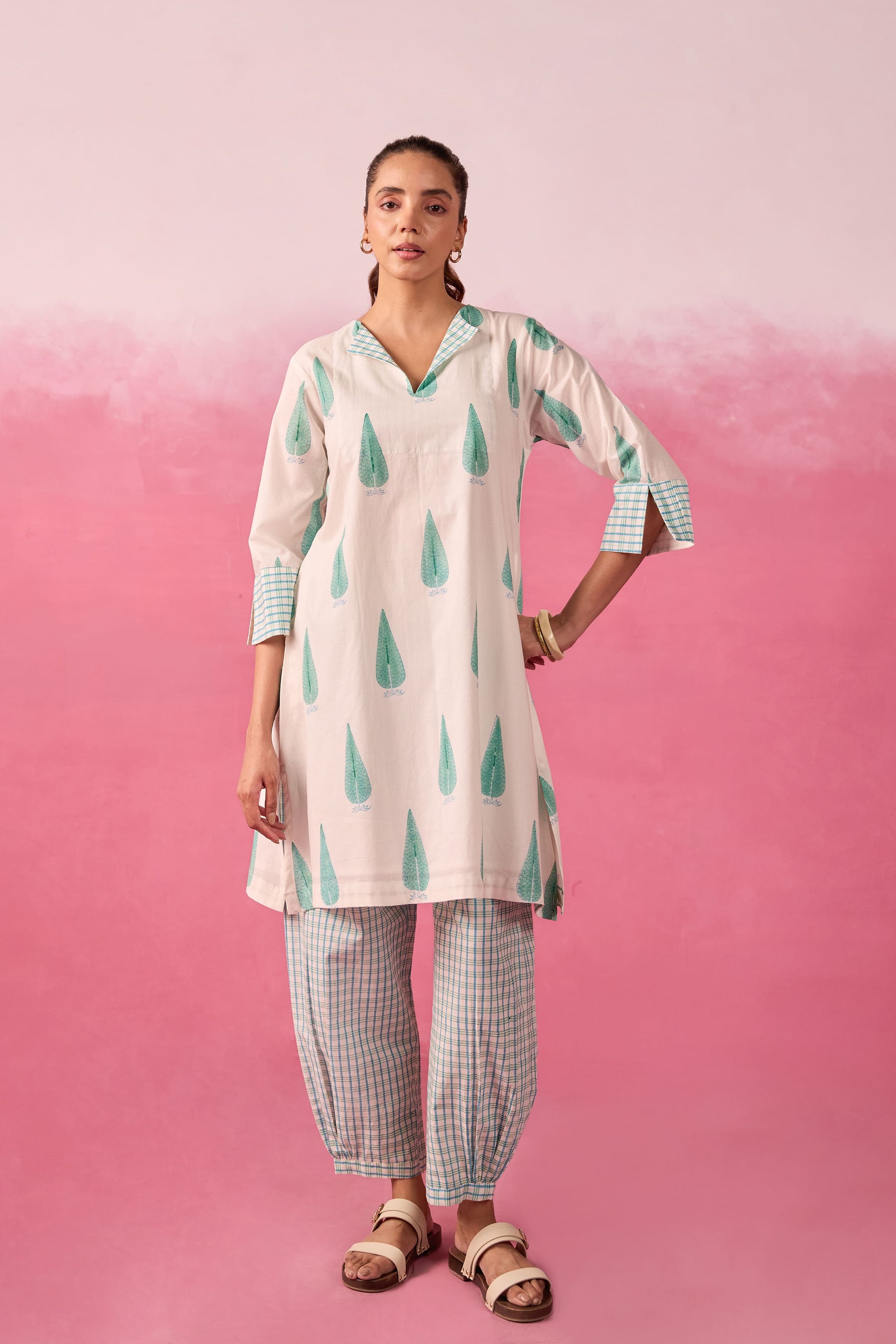 Mint Leaf & Check Hand Block Printed Co-ord Set